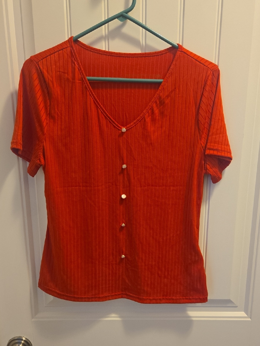 Red Short Sleeve V-Neck Ribbed Button Top